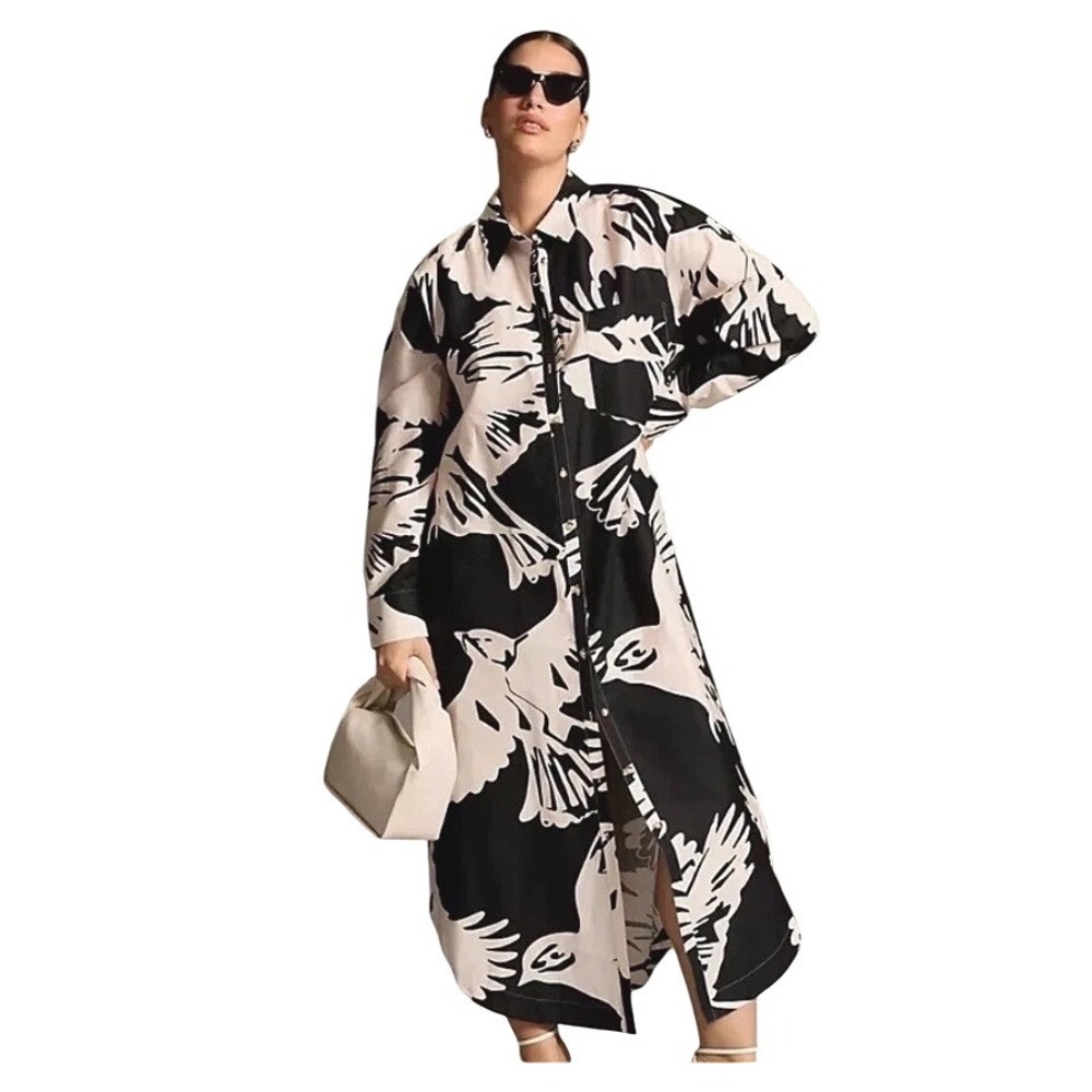 Anthropologie Maeve The Soren Bird Black White Shirt Dress Long Sleeve Midi XSP